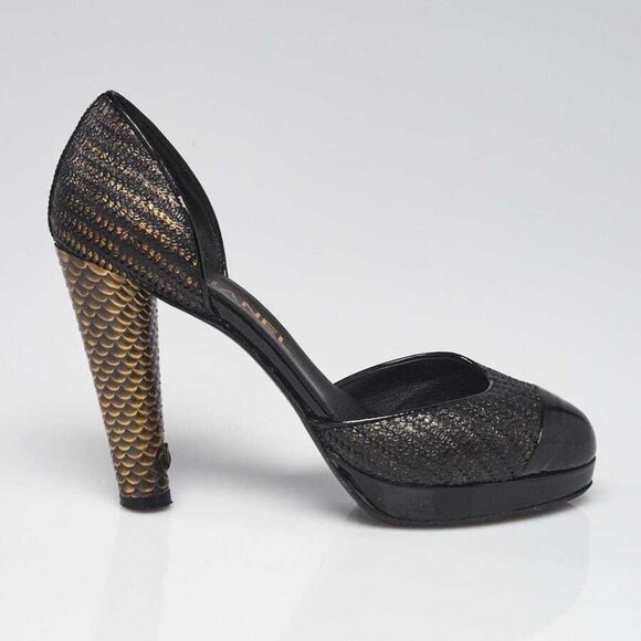 Chanel Black Snakeskin/Patent Leather Cap Toe Pumps Size 6/36.5 - Picture 4 of 5